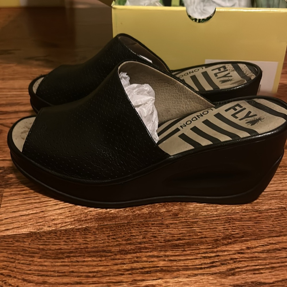 Fly London Black Leather Mules - Picture 2 of 6